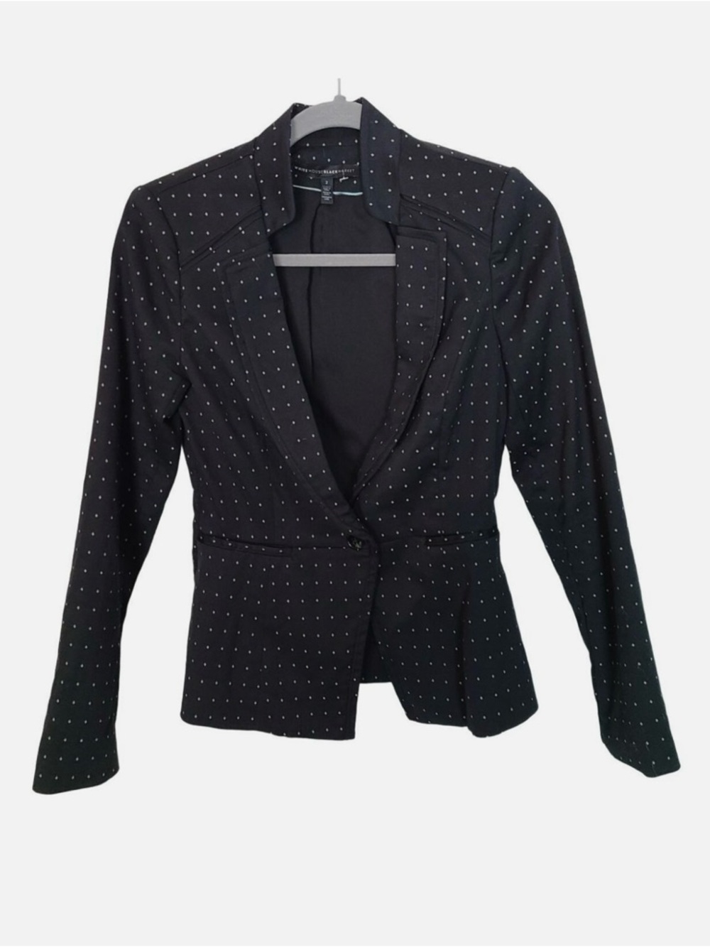 White House Black Market Black Blazer with White Diamond Dot Print One Button